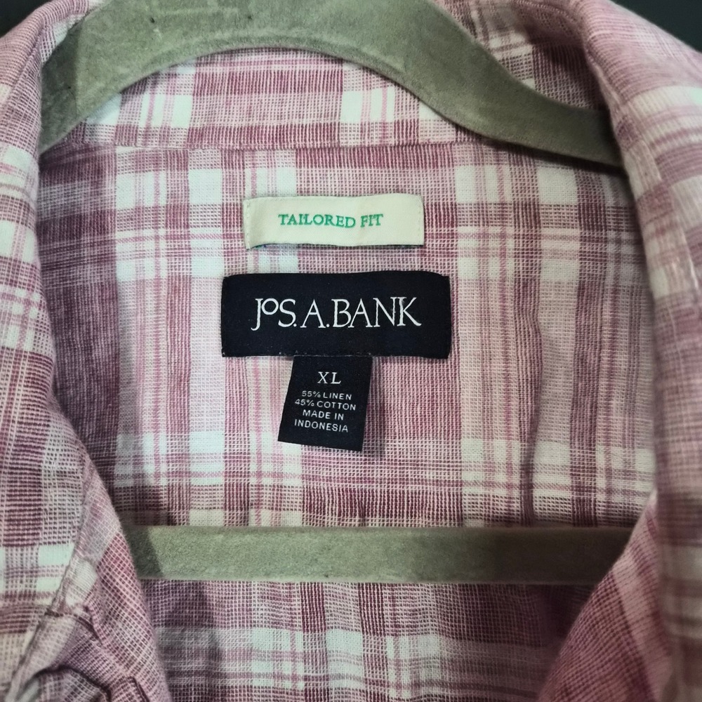 Jos A Bank Tailored Fit Linen Cotton Plaid Button Down Shirt Mens XL Rose Preppy - Picture 2 of 8